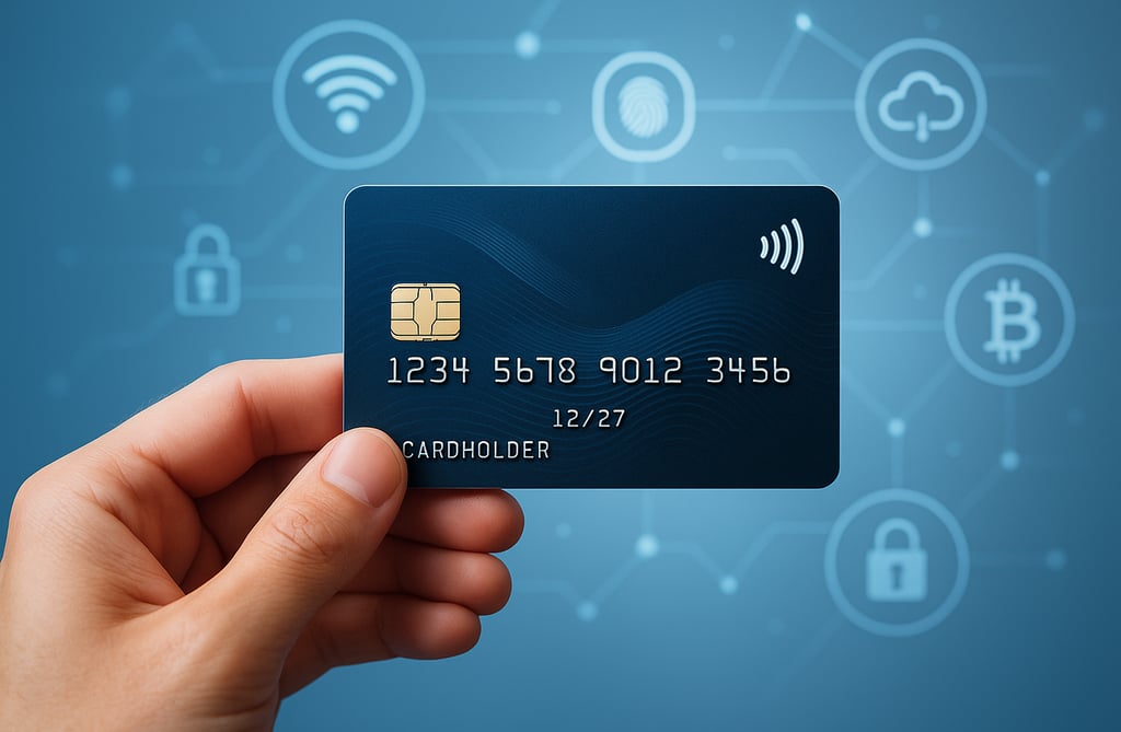 Uma mão segurando um cartão de crédito futurista com design elegante, rodeado por ícones digitais co
