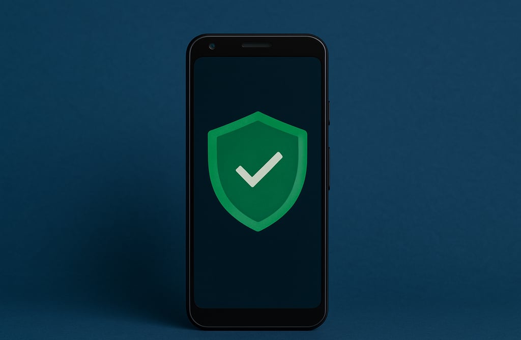 Smartphone moderno com tela exibindo um ícone de escudo verde com marca de verificação, simbolizando