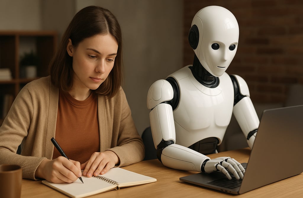 Pessoa escrevendo em caderno ao lado de um robô humanoide que digita em um notebook, representando a