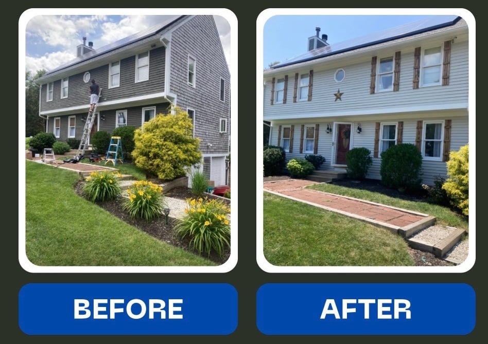 Exterior house painting before and after in Marshfield, MA.
