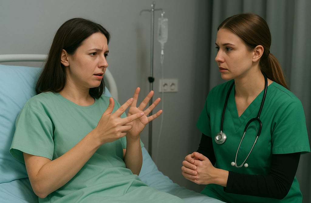 Alt= mulher surda explica em sinais o que sente para a mulher médica
