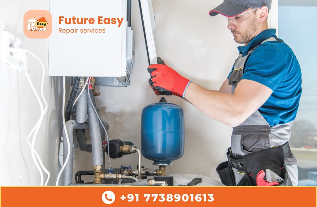 Technician geyser repair karte hue, Future Easy ke safety gear mein professional service dikhate hue