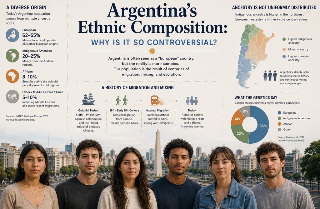 Infographic showing Argentina's ethnic composition, immigration history, regional ancestry patterns,