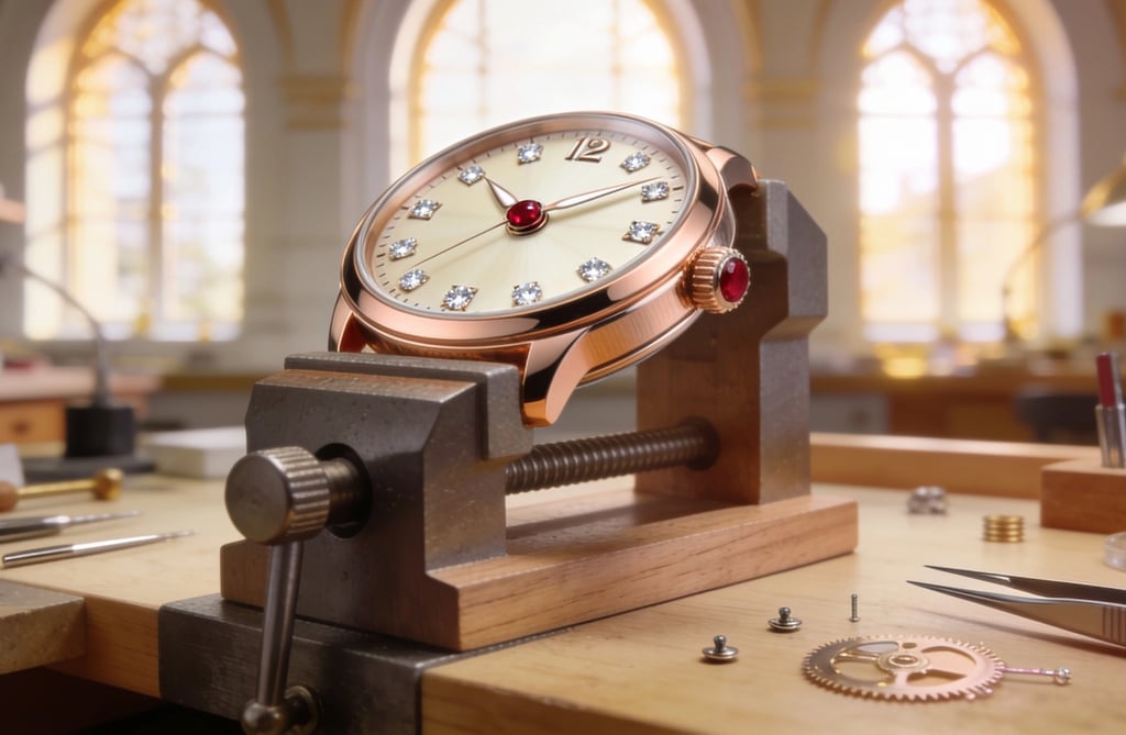 Luxury rose gold timepiece in the making inside a European haute horlogerie atelier.