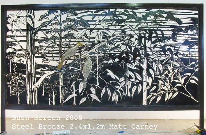 a sculptural bush scene with 2 birds in it