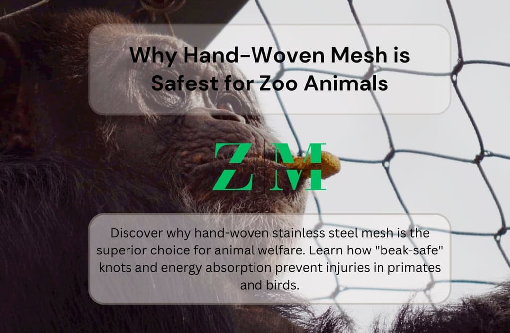 A primate behind hand-woven stainless steel mesh, demonstrating safe zoo enclosure netting for animal welfare.