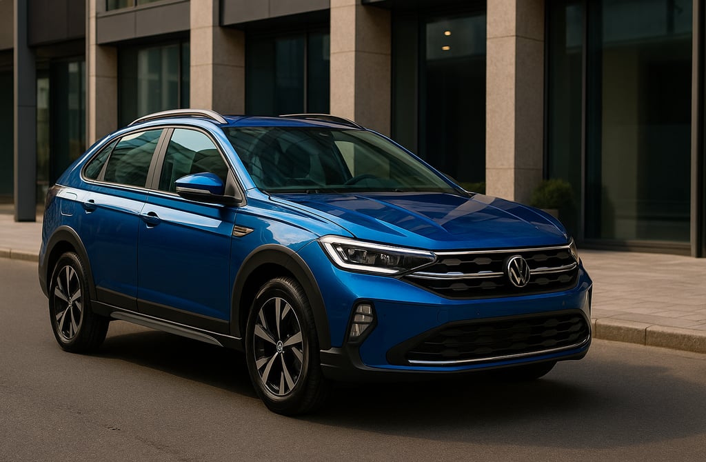 Volkswagen Nivus Highline azul metálico estacionado em cenário urbano moderno sob luz natural.
