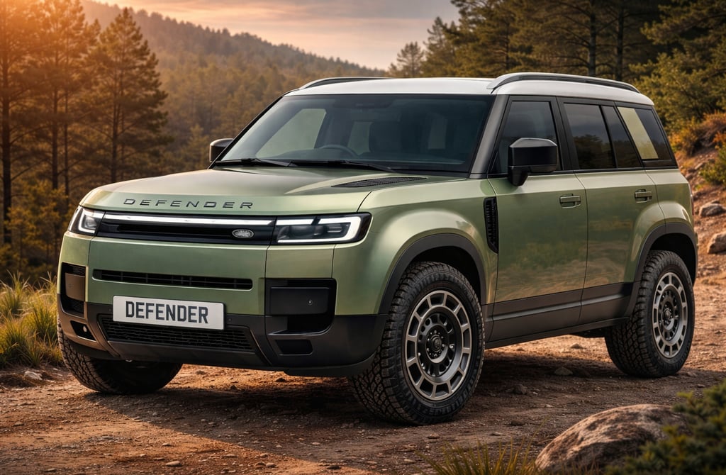 Novo Land Rover Defender Sport elétrico em cor verde metálica, em ângulo três quartos