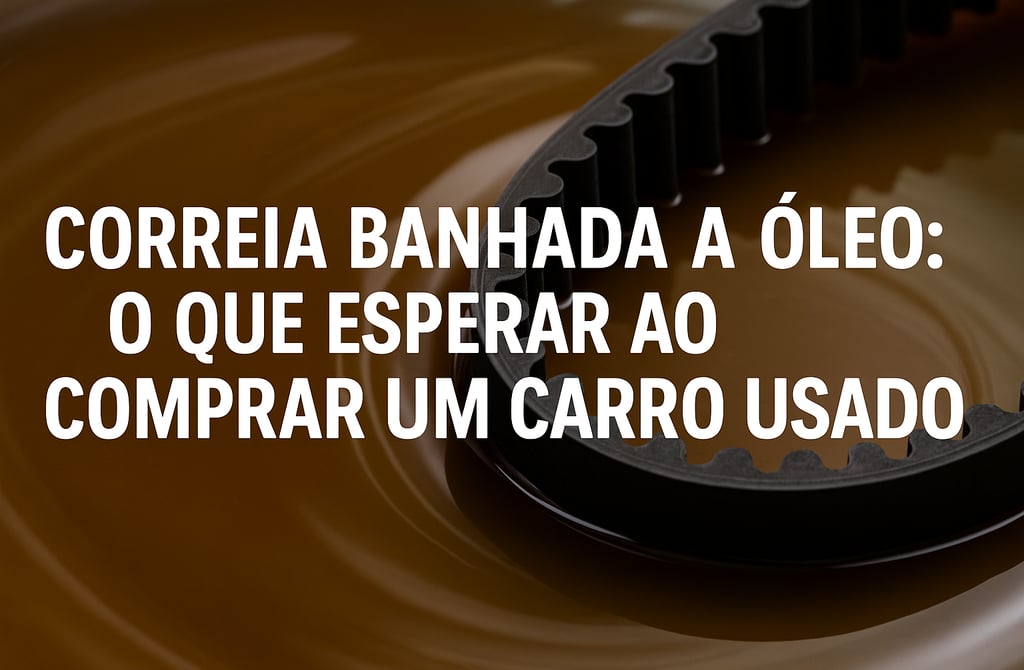 Correia de motor banhada a óleo em close-up, parcialmente submersa em fluido lubrificante marrom