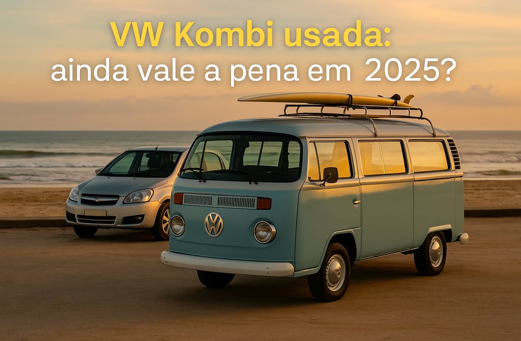 Kombi usada estilo surfista estacionada em frente ao mar com prancha ao lado, ao pôr do sol.
