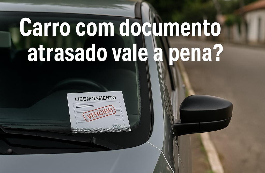 Carro usado estacionado com papel de licenciamento vencido sobre o painel, foco no documento.