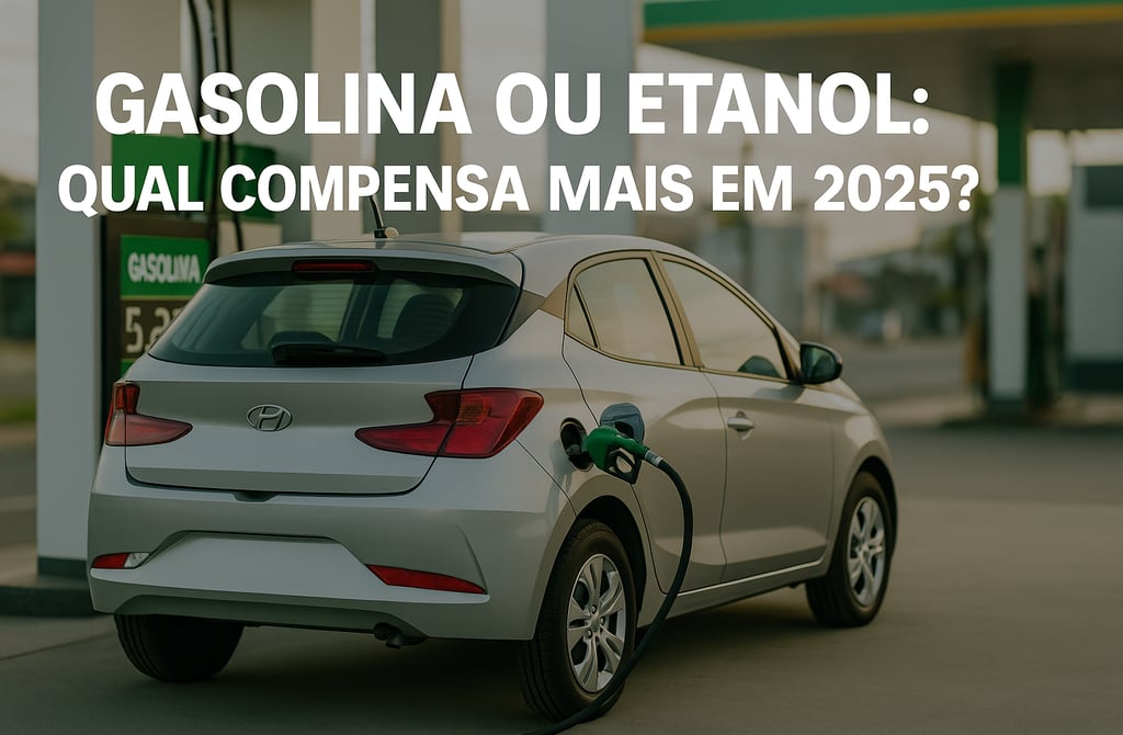 Hyundai HB20 prata abastecendo em um posto de combustível, com visão traseira lateral. A bomba exibe