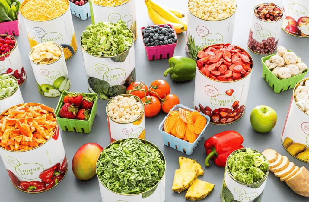 Opened cans of Thrive freeze dried foods.