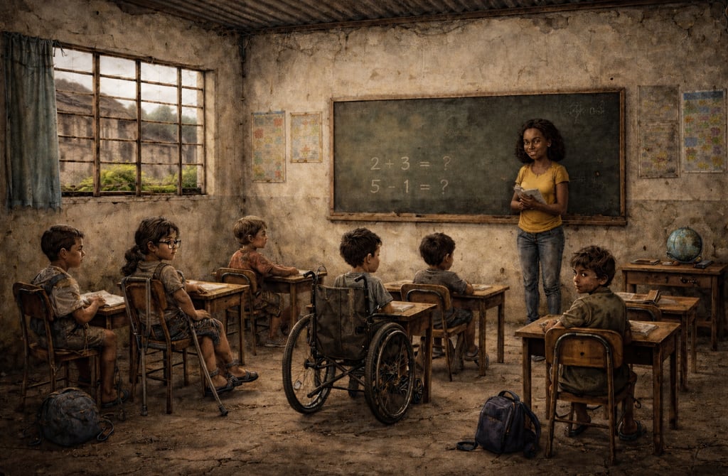 The image depicts the deplorable state of slum classroom