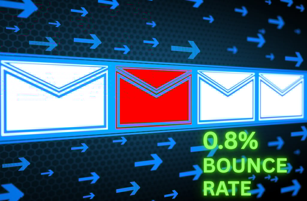 Futuristic email conveyor showing 0.8% bounce rate and delivered emails