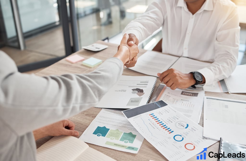 Two professionals cshaking hands after closing a deal