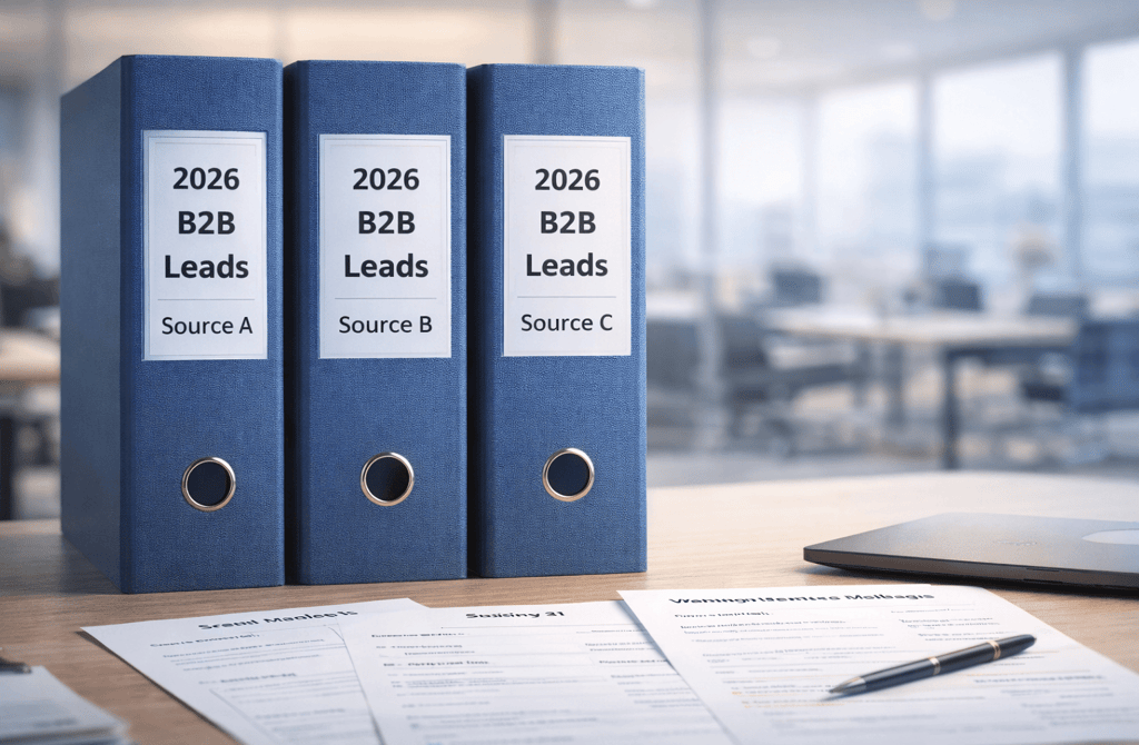Three binders labeled 2026 B2B Leads Source A, B, and C on office table
