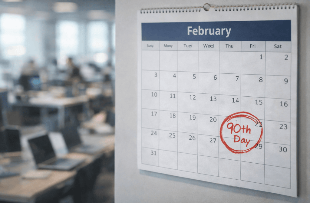 February calendar with a red circle marking the 90th day