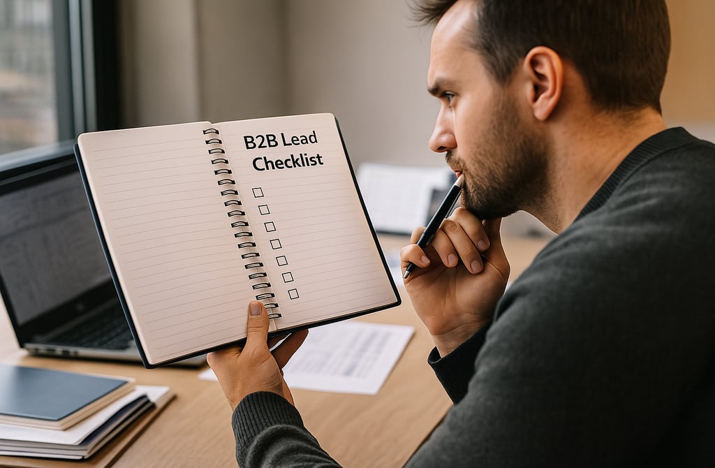 a founder holding a notebook with a check list for B2B Leads