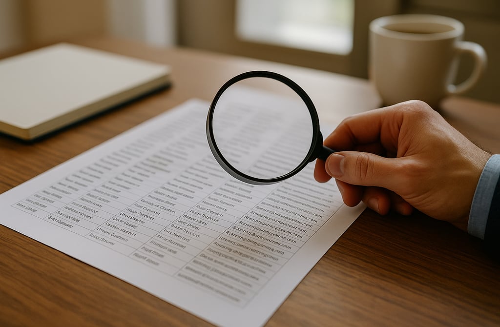 A person holding a magnifying glass to check a lead list