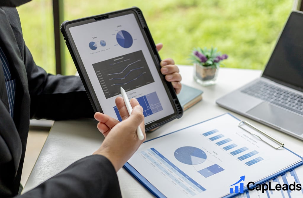 A person pointing on sales metrics on a tablet 