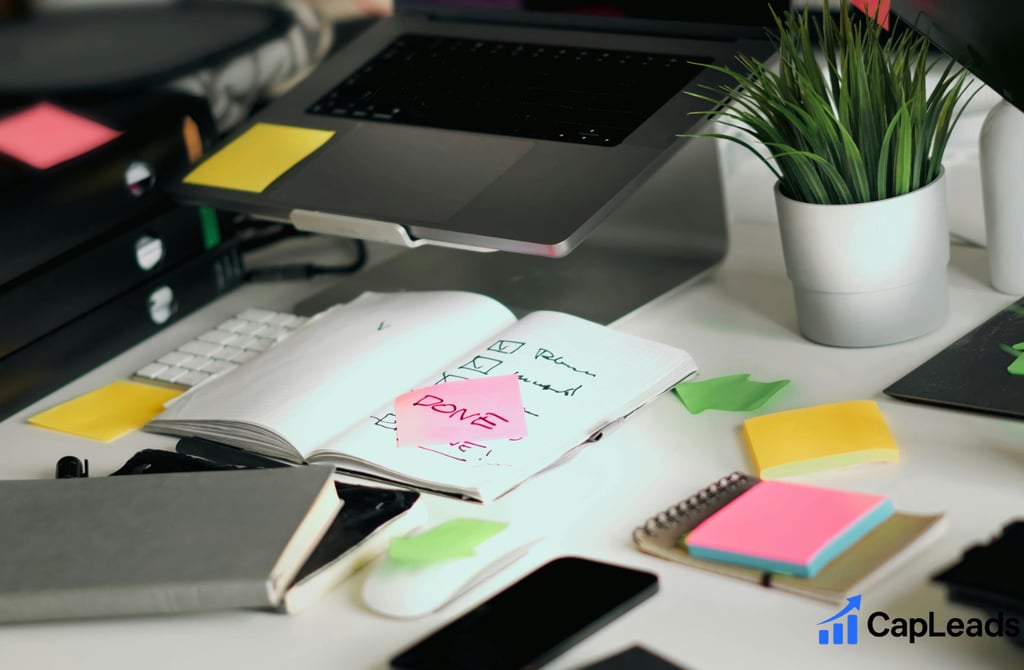 a table with a notebook open with checklist and a note done