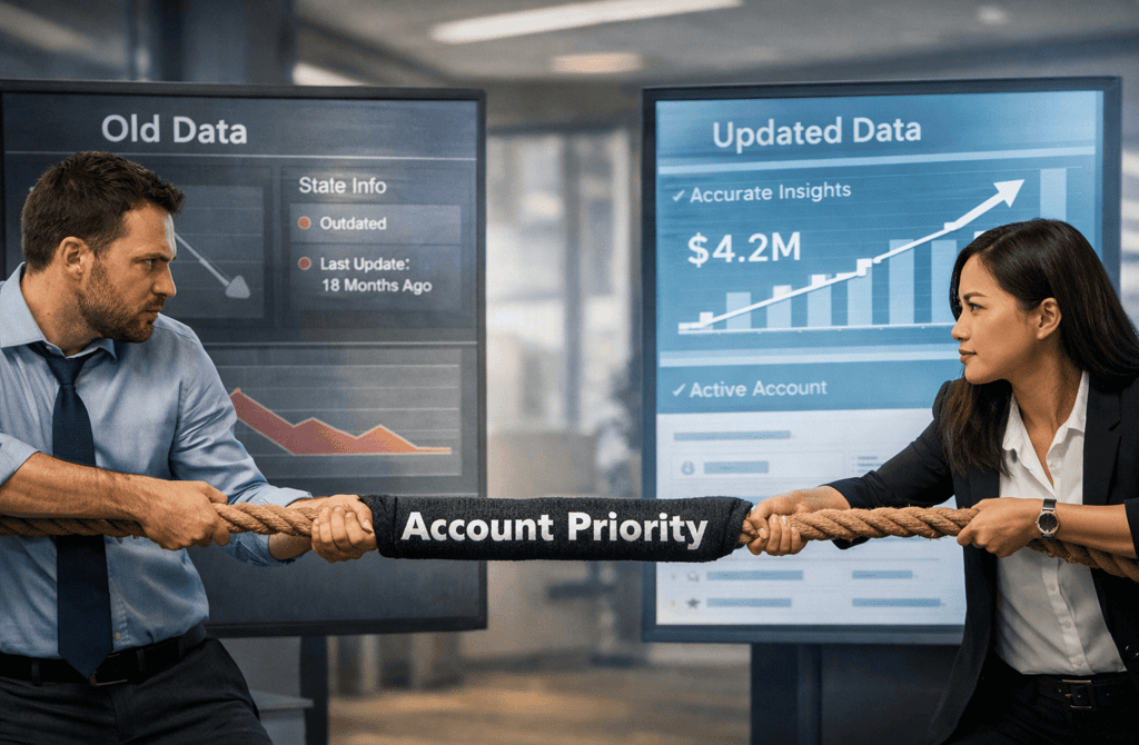 Two professionals pulling account priority between outdated and updated data