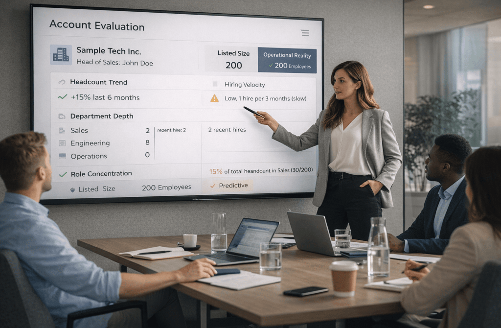 Woman founder reviewing account size signals with RevOps team on screen