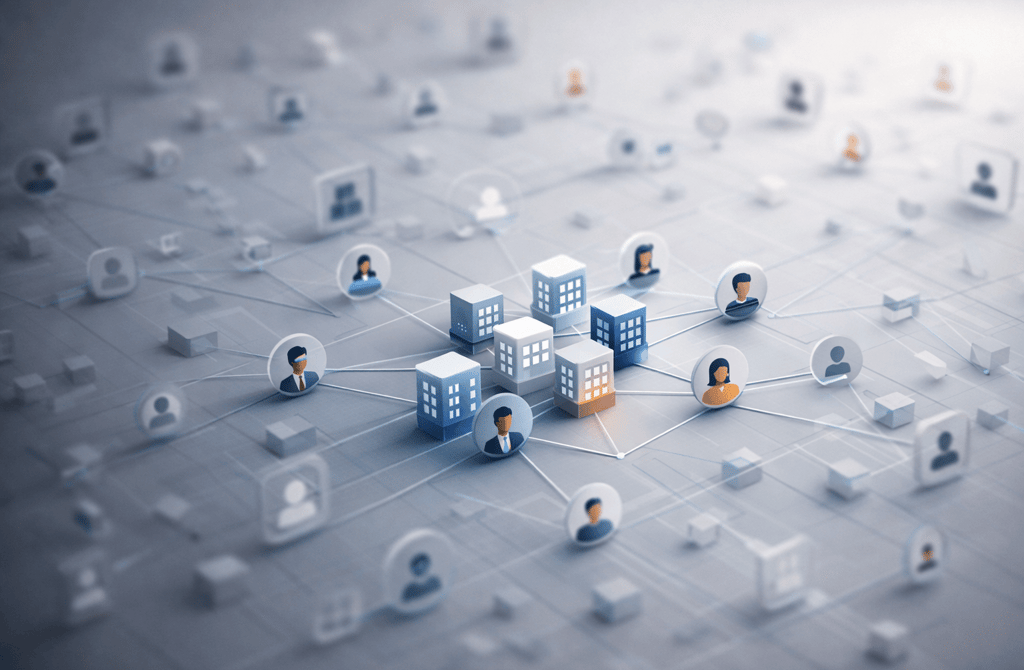 3D visualization illustrating precise B2B targeting with aligned company and role clusters