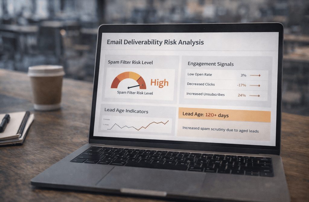 Laptop showing spam filter analytics for aged email leads