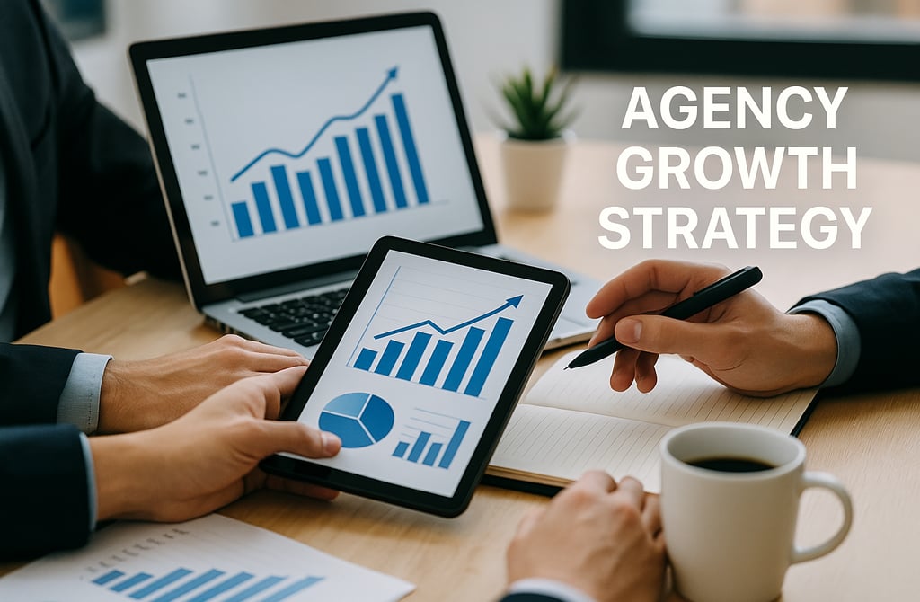 Hands reviewing rising outreach metrics on a laptop for agency scaling