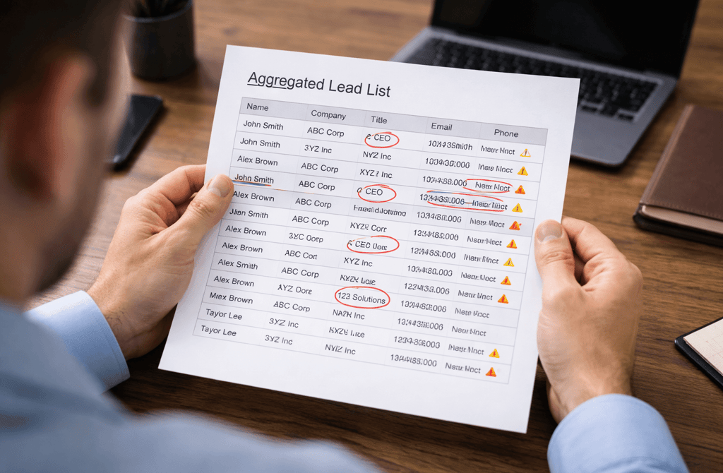Founder reviewing an aggregated lead list with highlighted errors