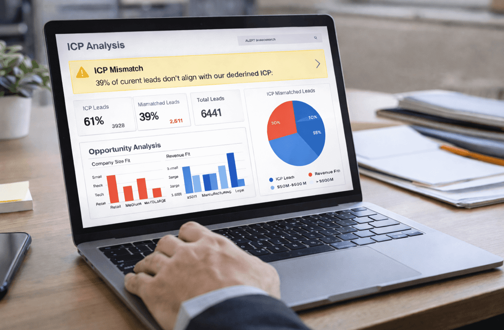 Founder’s hand on laptop keyboard reviewing ICP analysis dashboard