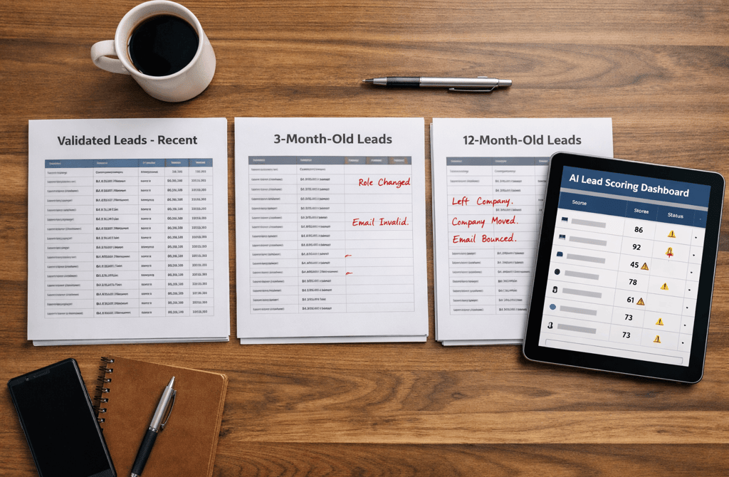 AI lead scoring dashboard beside aged B2B lead lists showing outdated contact data