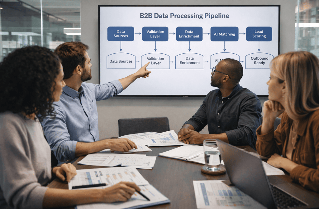 Team reviewing AI B2B data processing pipeline on office screen