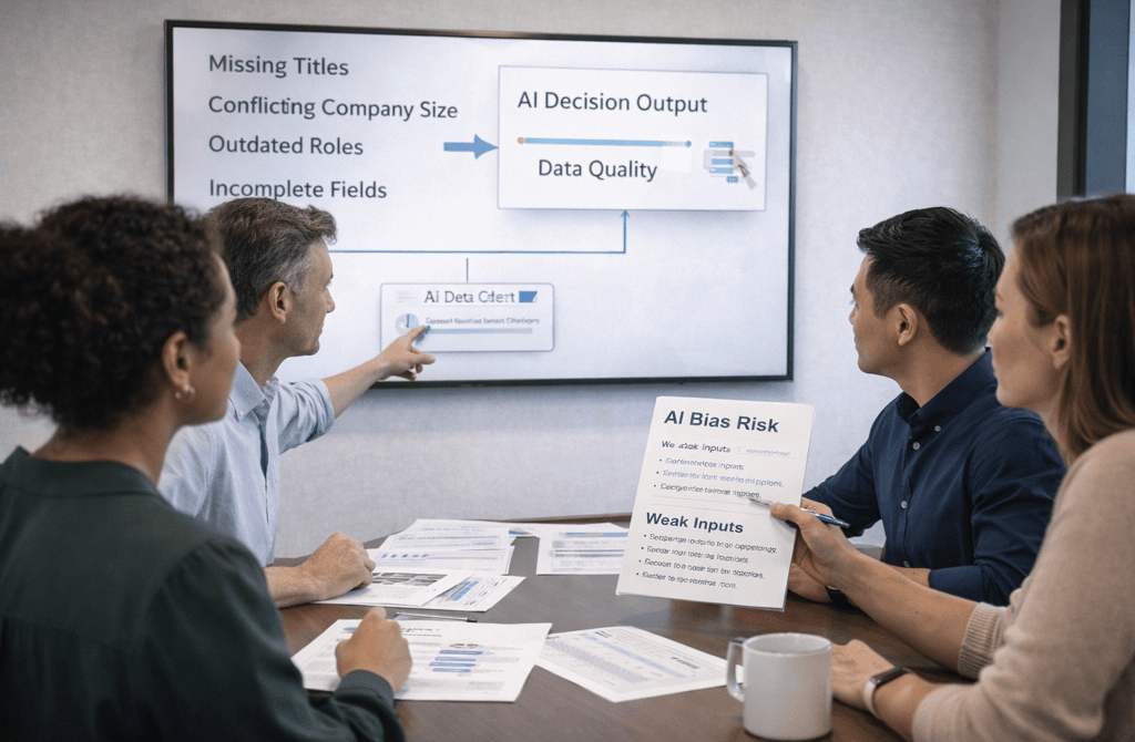 SDR team discussing AI bias caused by weak lead data in a meeting
