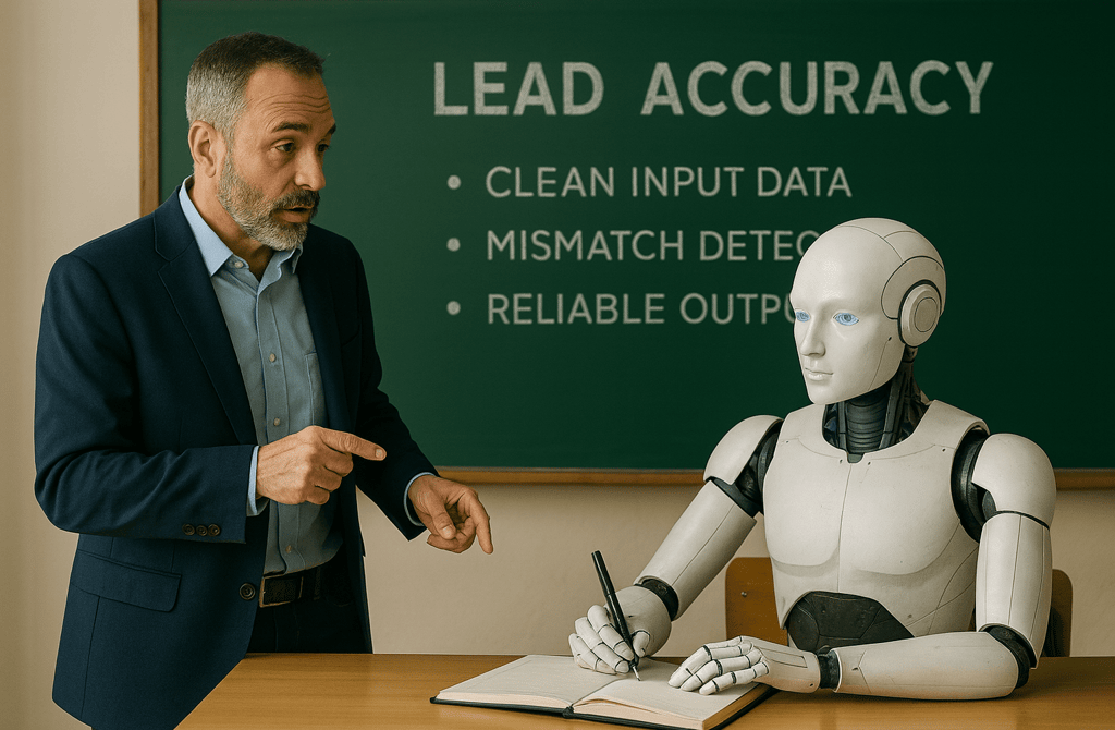 Founder teaching an AI system in a classroom setting to improve lead accuracy using clean input data