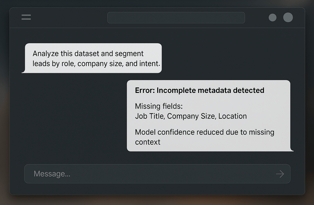 AI model error showing incomplete metadata warning