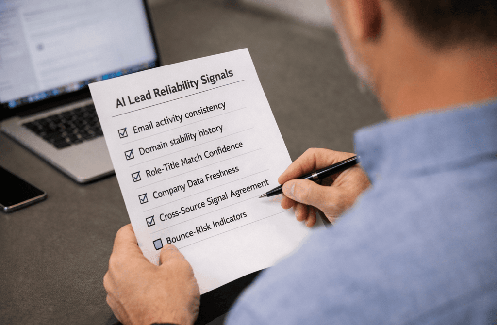 Founder reviewing an AI lead reliability checklist on a desk
