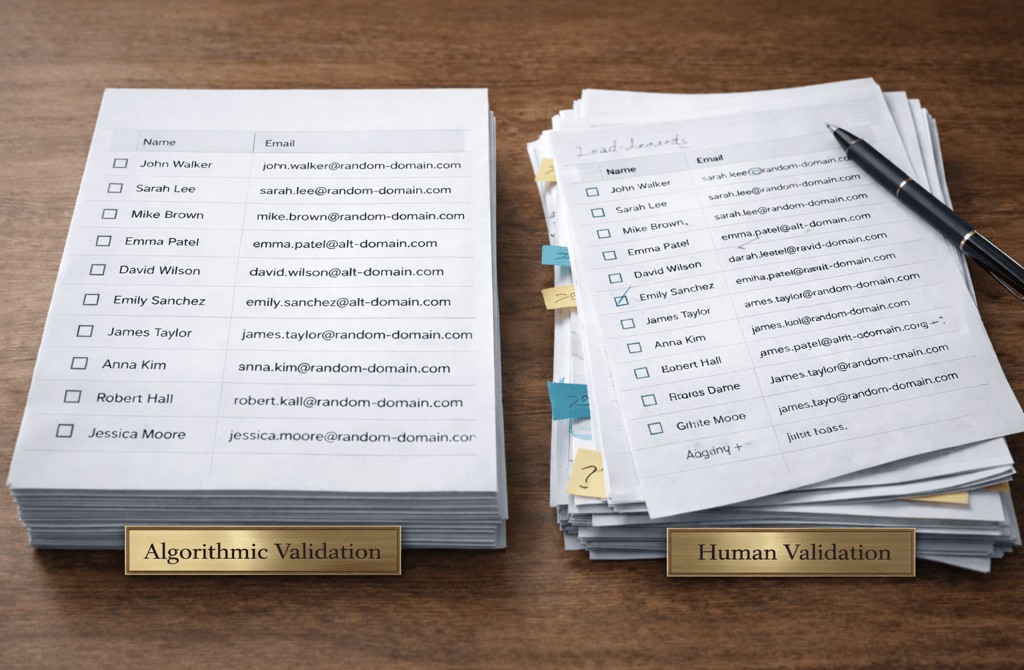 Algorithmic and human validation compared on lead lists
