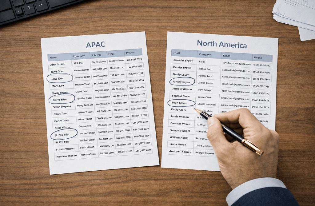 Founder reviewing APAC and North America B2B lead lists on a table