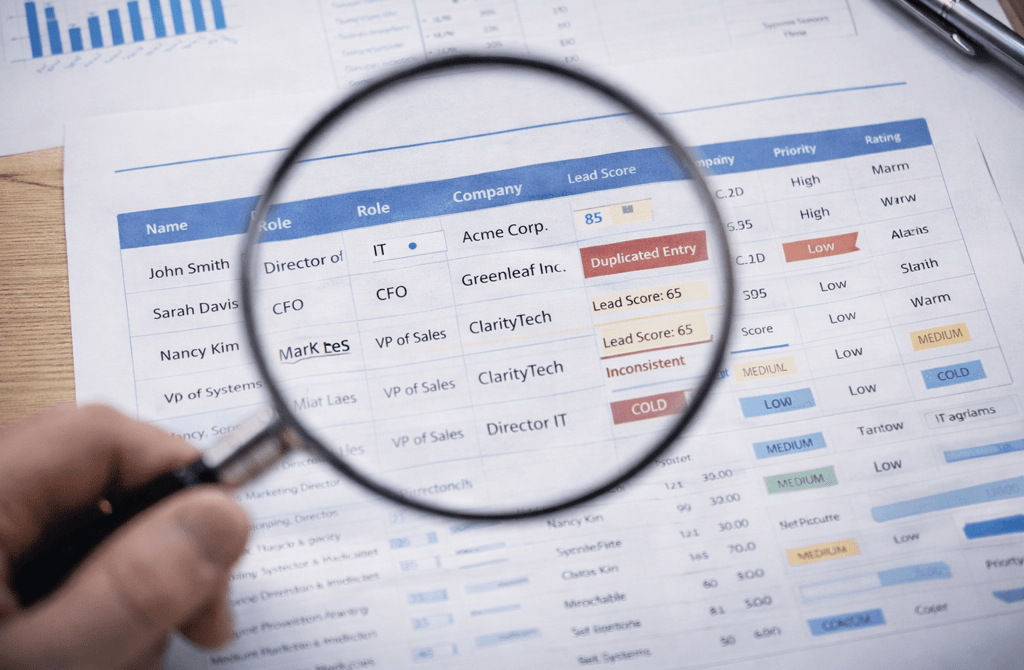 Magnifying glass over printed CRM lead data sheet