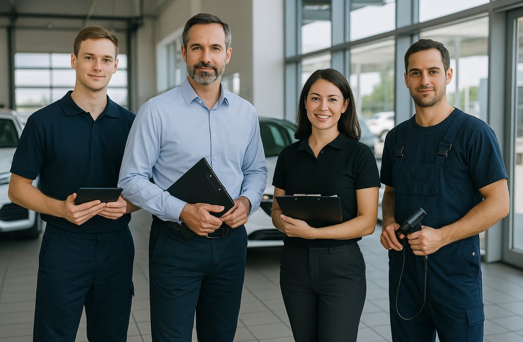 Automotive professionals posing inside a modern car service center.