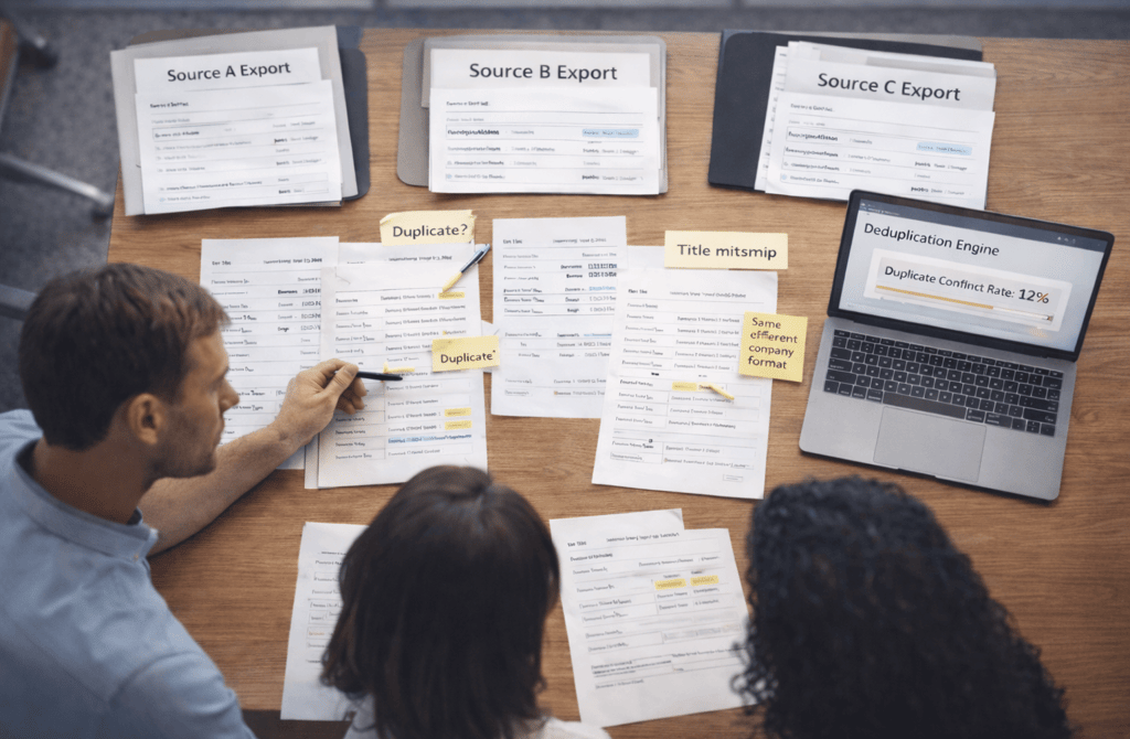 Team reviewing B2B lead lists and deduplication process on laptop