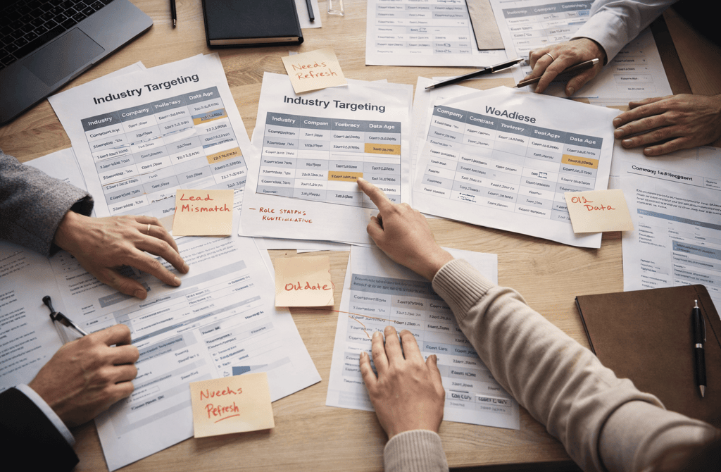 SDR team reviewing B2B industry targeting sheets with outdated data notes