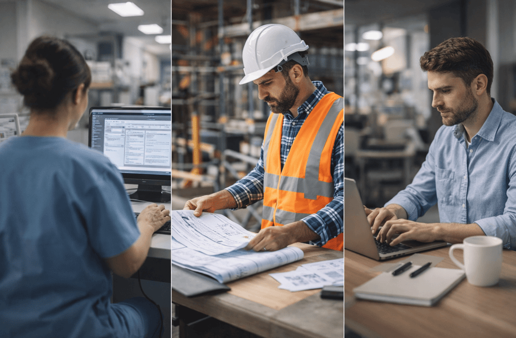 Healthcare, construction, and office professionals showing different B2B data signals.