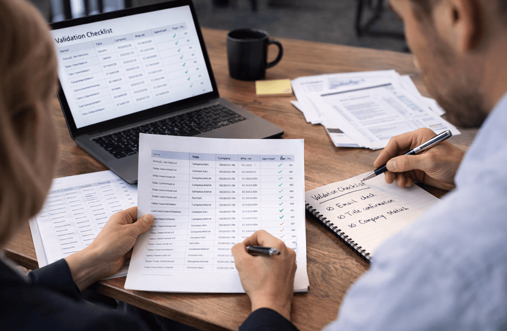Analysts reviewing contact data and validation checklist at desk