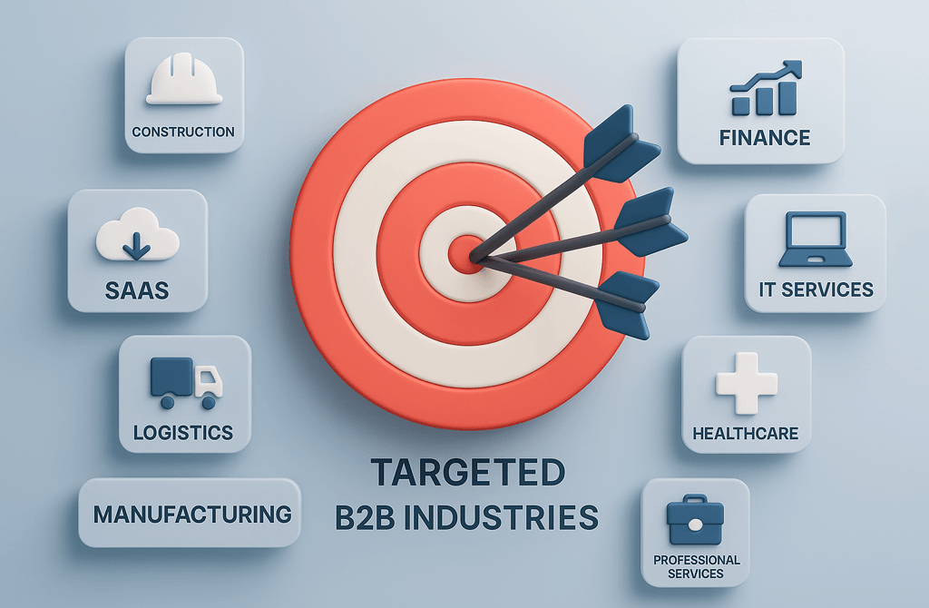 3D bullseye surrounded by B2B industry icons.