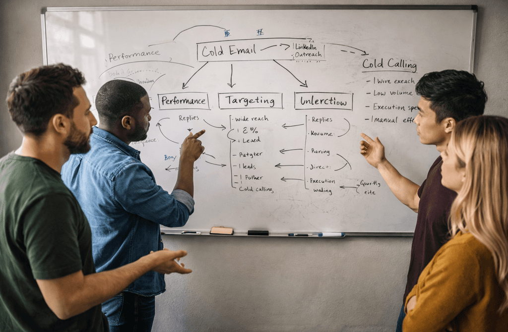 Team comparing B2B lead generation channels on whiteboard in office