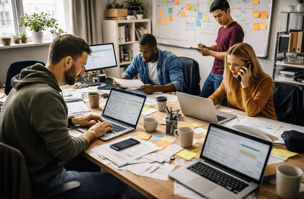 Startup team working on messy B2B lead generation with spreadsheets and notes